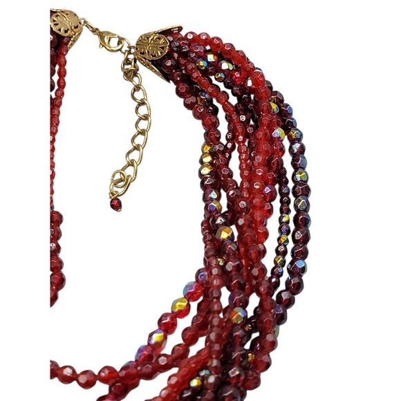 Vtg Red Multi-Strand Necklace Torsade Choker Small Beaded Simulated Crystals 20" - Picture 6 of 8